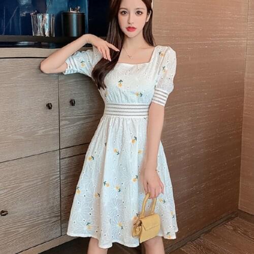 Female Party One Piece Dresses Korean 2020 French Retro Floral Dress Women Casual Square Collar Puff Sleeve Thin Fairy Dresses