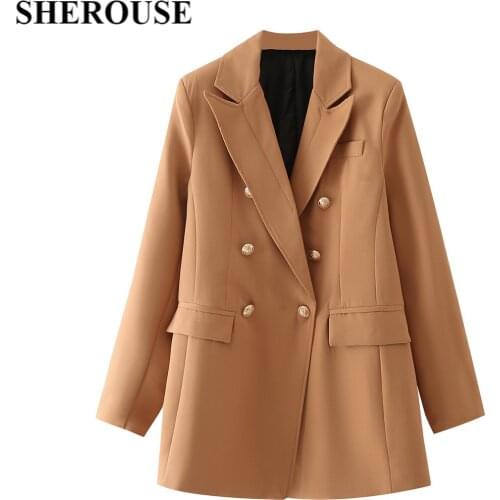 SHEROUSE 2021 Women Fashion With Pockets Double Breasted Solid Blazer Long Sleeve Notched Neck Vintage Female Coats Chic Tops