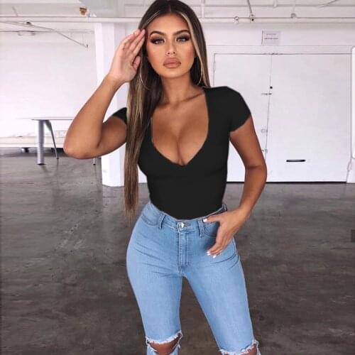 Sexy Summer Fashion Streetwear Women Top Solid Color Short Sleeve Low-cut T-shirts Sexy Deep U-neck Tops Blusas Mujer De Moda