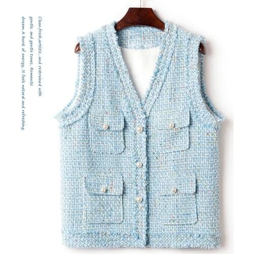 Blue Tweed vest womens fashion short cardigan vests all-matching Celebrity style Plaid Fringe waistcoat for women