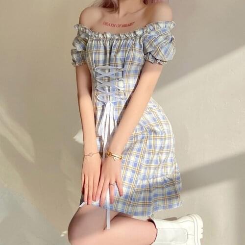 2021 Summer New Womens Dresses Plaid Puff Short Sleeve Mini Off Shoulder Elegant Pleated Casual Sexy Party Dress Robe Femme