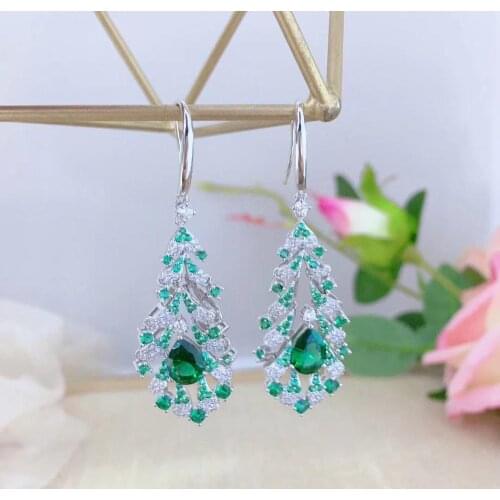 Leaf 925 sterling silver with cubic zircon peacock feather drop earring long fine women jewelry free shipping green red color
