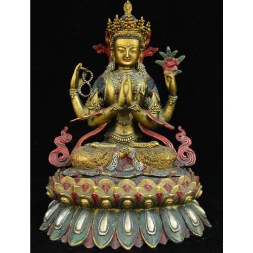 12" Tibetan Buddhism Bronze Drawing color 4 Arms Chenrezig Goddess Buddha Statue