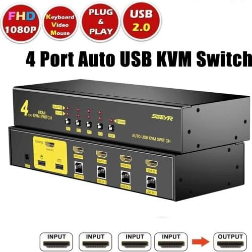 4 Port HDMI KVM Switch 4x1 Dual Monitor Display Port KVM Switch - 4 Port - USB 2.0 Hub - Audio and Microphone - DP KVM Switch
