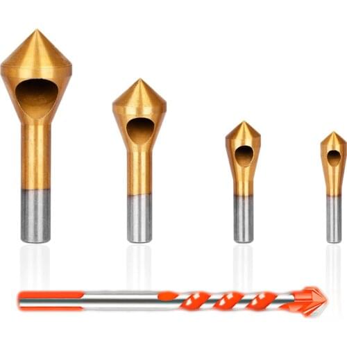 4pcs Countersink Deburring Drill Bits Hole Taper Cutter + 1pc 10mm Triangle Tile Drill Bits Twist Drill for Ceramic Masonry