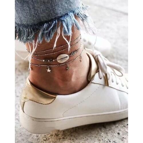 Clothing Accessories Fashion Simple Personality Multi-row Anklet with Metal Crescent Star Artificial Opal Nature Shell Tobillera