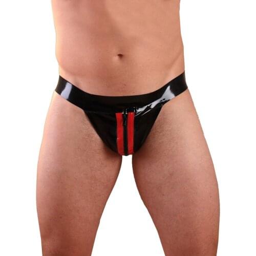 Free Shipping !!! Mens Sexy Boxer Briefs Latex Rubber Black Shorts Zip Striped