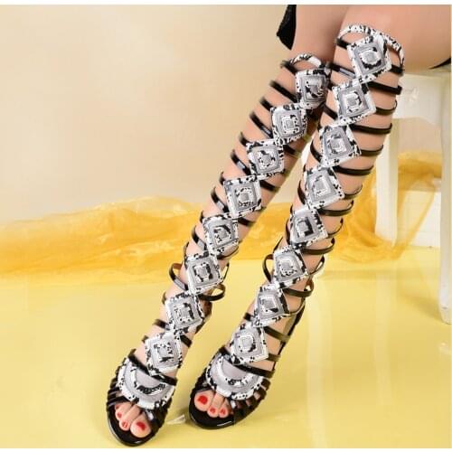 Girls Summer Shiny Snakeskin Geometric Mesh Patched Strappy Thigh High Sandals Boots Hollow out Low Heels Long Sandalias Botas