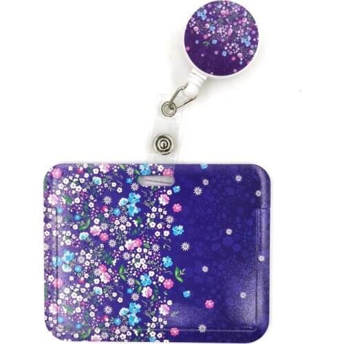 Purple Flowers Cute Credit Card Cover Lanyard Bags Retractable Badge Reel Student Nurse Exhibition Enfermera Name Clips Card