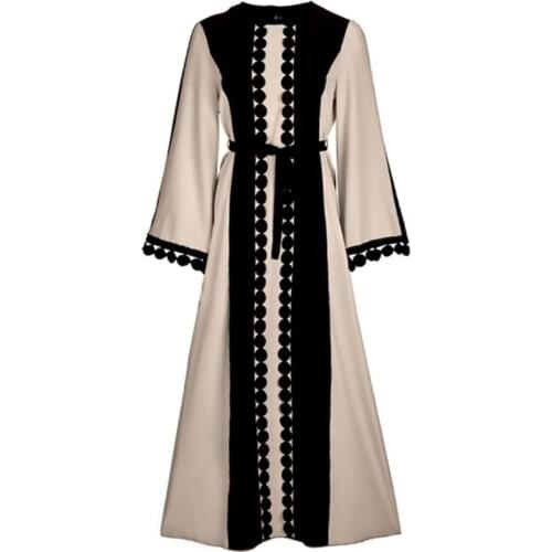 Women Muslim Long Sleeve Maxi Dress Lace Polka Stitching Islamic Middle East Dubai Robe Color Block Belted Abaya Kaftan