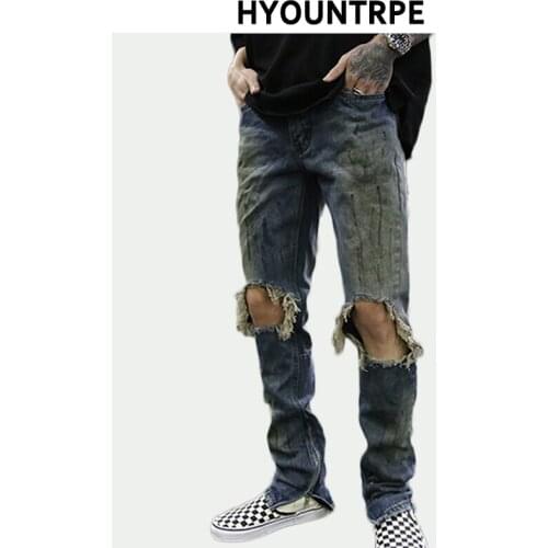 Fashion Bottom Zipper Jeans Dark Washed Destroyed Ripped Holes Men Slim Biker Jeans Graffiti Streetwear New Hip Hop Pants Jogger