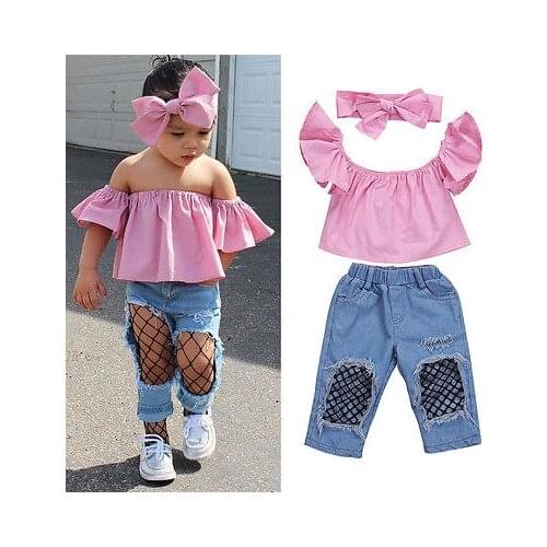 Summer 3pcs Girls Clothing Kids Baby Girls Cute Off Shoulder Pink Tops Holes Denim Pants Headband Outfits Set Clothes