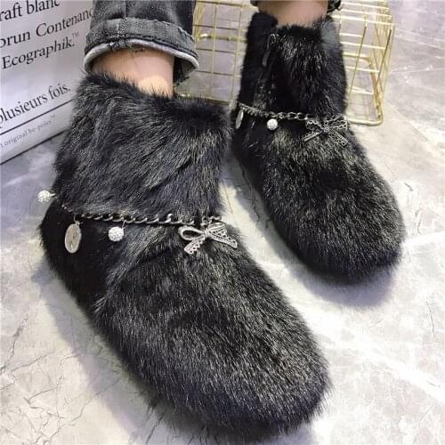 Fashion Chains Black Women Snow Boots Winter Warm Fur Boots Casual Flat Botas Mujer Outside Footwear 2021 New Ankle Boot Flats