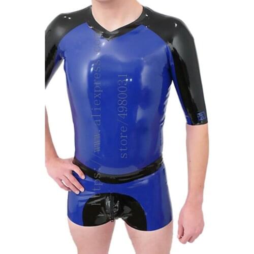 Sports style mens casual suit set including summer latex t-shirt and latex shorts with crotch zipper decorations