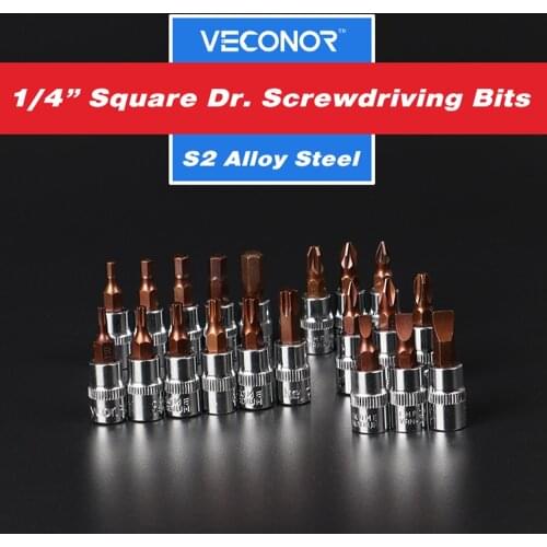 1/4" Square Drive Screwdriver Socket Bits Hex Phillips & Slotted Security Bit Socket Bronze-colored CRV Steel