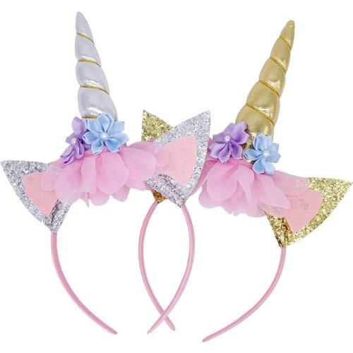 Cute Rainbow Unicorn Horn Hairband Kids Chiffon Unicorn Headband Glitter Baby Shower Birthday Party Hair Accessoriess