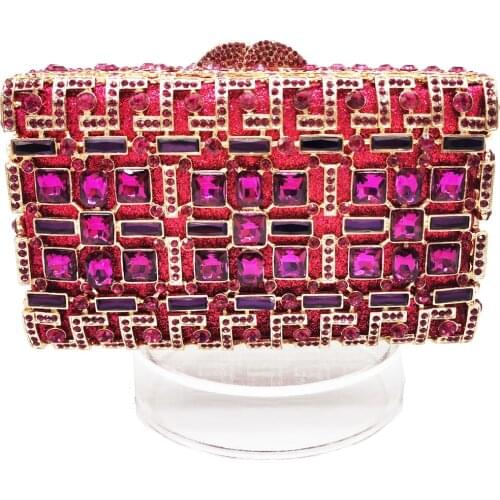 Luxury Heavy Fuchsia Crystal Party Handbags Rose Gold Wedding Purse Box Women Clutch Bags SM109