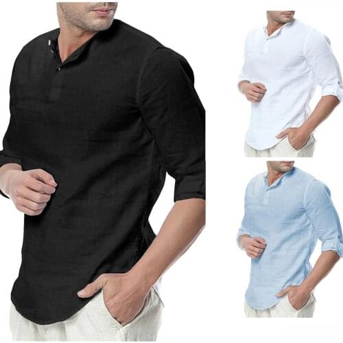 Mens Shirts Fashion Casual Stand Neck Half Sleeve Solid Color Button Pullover Shirt Top Retro Solid Cotton-Linen Shirts Chemise