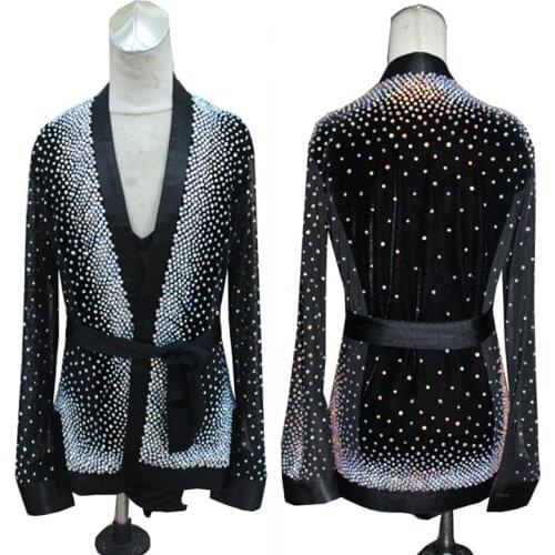 Latin Dance Shirts Male Shiny Rhinestone Velvet Coat 2 Pieces Set Tango Salsa Chacha Samba Top Competition Dancewear DNV12063