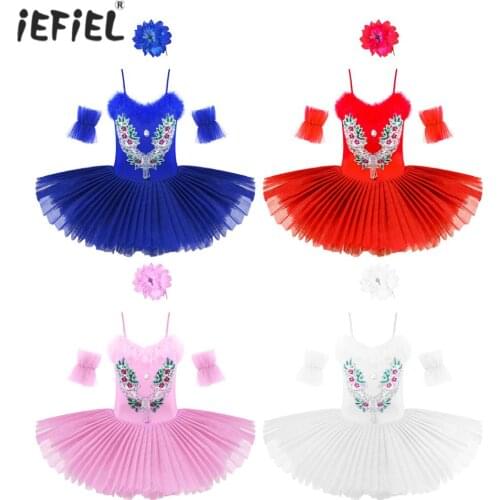Kids Girls Ballet Dance Costume Outfits Faux Fur Sequins Ballet Leotard Tutu Dress Arm Sleeves Flower Hair Clip 3pcs Dance Set