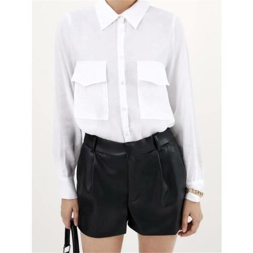 TRAF Women 2021 Chic Fashion Faux Leather Side Pockets Shorts Vintage High Waist Zipper Fly Female Skirts Mujer Streetwear