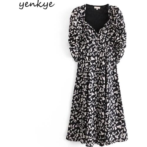 YENKYE New Fashion Women Bow Pattern Print Long Maxi Dress Elegant Lady Sexy V Neck Puff Sleeve Draped Spring Dress Robe Longue
