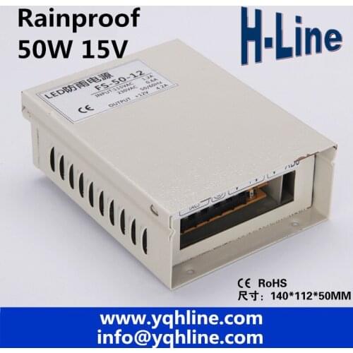 Factory outlet! CE approved 50w 15v 3.3A metal case single output LED rainproof switch power supply ac-dc 15v (FS-50-15)
