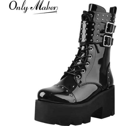 Onlymaker Womens Round Toe Platform Boots Black Patent Leather Rivet Buckle Lace-Up Chunky High Heel Ankle Booties Zipper Punk