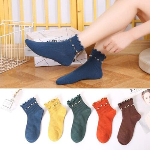 Womens Cotton Socks Comfortable and Breathable Ankle With Pearl Girls Colorful Socks College Style