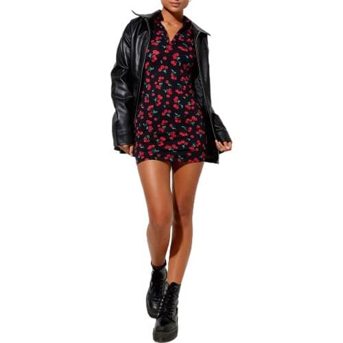 Women Summer Vintage Dress, Adults Slim Fit Cherry/Chrysanthemum/Floral Print Short Sleeve Lapel Button Womens Dress 2021