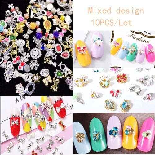 10pc/bag Glitter Bow Knot & Flower 3D Nail Art Alloy with Rhinestone, Mix Design Nail Charms Jewelry for Nail Gel/Polish Tools