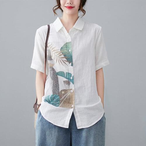 2021 Literary Artistic Retro Printed Short Sleeve Shirt Ladies Summer New Large Size Loose Stand Up Collar Top And Blouse zh783