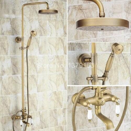 Antique Brass Two Ceramic Handle Bathroom Rain Shower Faucet Set Tub Mixer Tap + 7.7" Round Rain Shower Head + Handshower ars148