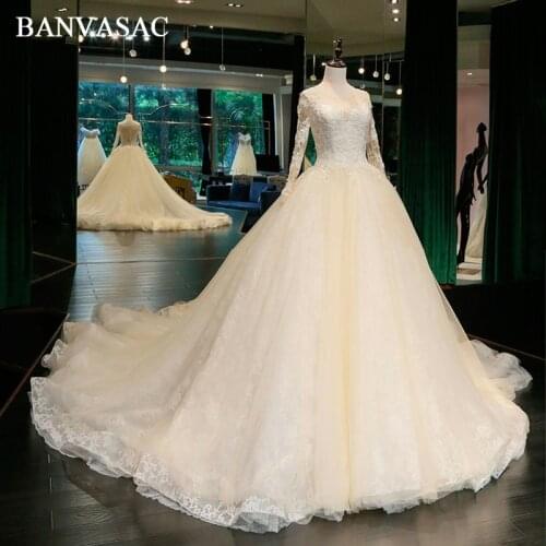 BANVASAC 2018 Real Photos O Neck Ball Gown Wedding Dresses Embroidery Long Sleeve Lace Chapel Train Bridal Dresses