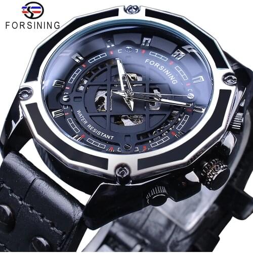 Forsining 2019 Military Design Black Genuine Leather Belt Mens Automatic Sport Skeleton Mechanical Wrist Watch Top Brand Luxury