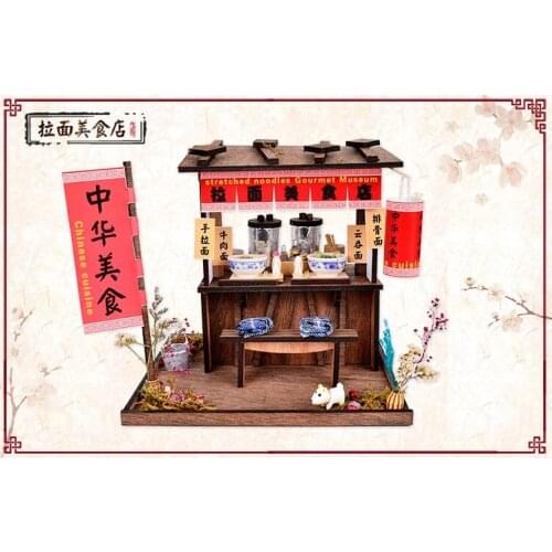 Luxury lighting House building wooden model kits DIY Chinese cuisine stretched noodles shop model Christmas gifts