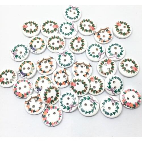 100pcs 15mm Mixed Wreath Wooden Christmas Buttons Craft Scrapbook Round Sewing 2 Holes Round Button Embellishments