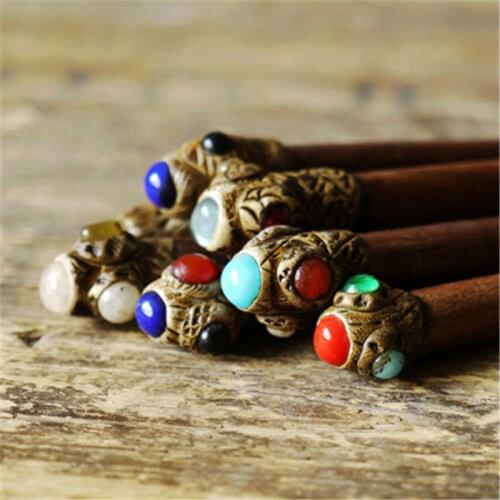 L031 Nepal handmade wooden hair stick Thai Teak hairpin inlay colorful beads