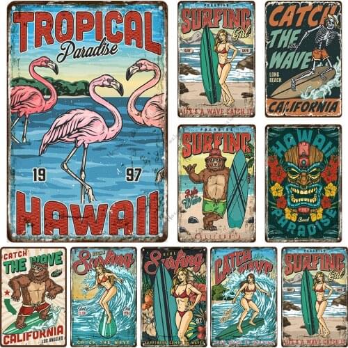 Surfing Rusty Metal Signs Poster Beach Metal Tin Sign Sea Sports Vintage Poster Metal Plaque Home Bar Club Pub Decorative Plate