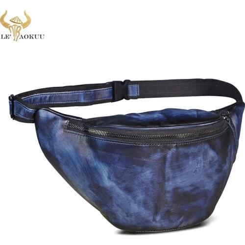 Fashion Blue Natural Leather Men Chest Sling Bag Design Casual Travel Cigarette Phone Pouch Fanny Waist Belt Bag Pack 9981