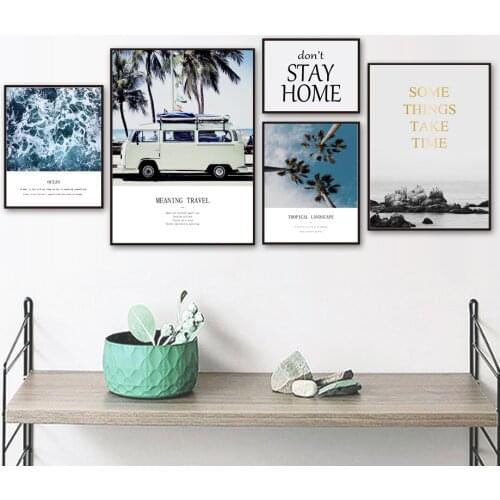 Bus Tropical Sea Palm Tree Landscape Wall Art Canvas Painting Nordic Posters and Prints Wall Pictures for Living Room Home Decor