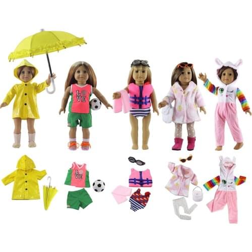 New 5 Set Doll Clothes+2 pairs glasses+1 bags+1 umbrella+1 football+1 towel for 18 inch American Doll Outfit