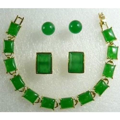 New hot Charming Green Jade pendant bracelet earring Cufflinks set