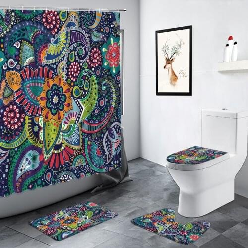 Paisley Retro Ethnic Style Floral Shower Curtain Fashion Pattern Design Bathroom Curtains Bath Mat Non-slip Rug Toilet Decor Set
