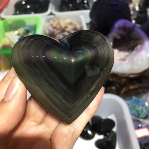 Rainbow Natural Obsidian Cat Eyes Quartz Crystal Heart shaped Healing