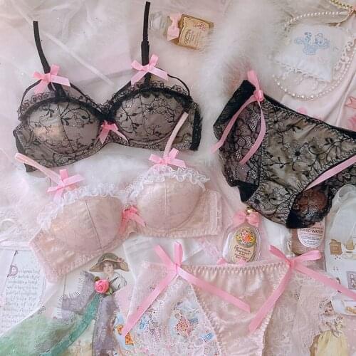 Sexy lingerie brifes princess French retro girl powder pure desire lace underwear thin belt hollow large size bra set