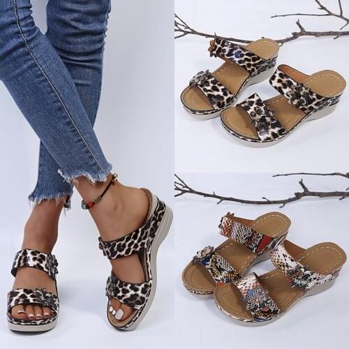 Plus Size 2021 Summer New Casual Round Head Leopard Snake Print Flower High-heeled Womens Wedge Slippers