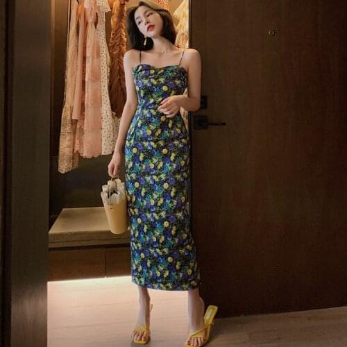 2020 Women Spaghetti Strap Elegant Dresses Vintage Bandage High Quality Vacation Dress Summer Sexy Floral Print Dresses Vestidos