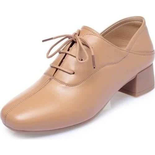 2020 New Spring Square Head Concise Genuine Leather Shoes Soft Comfort Temperament High Heel Shoes Fashion Elegant Women Shoes
