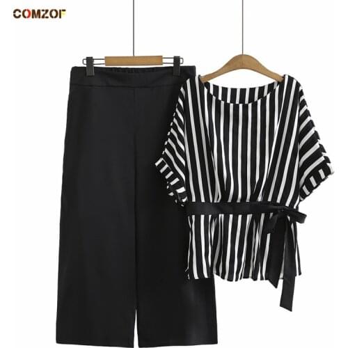 Striped Shirt+Wide Leg Pants Women 2021 Summer Two Piece Set Short Sleeve Clothing Plus Size Suits Vetement Femme 5XL